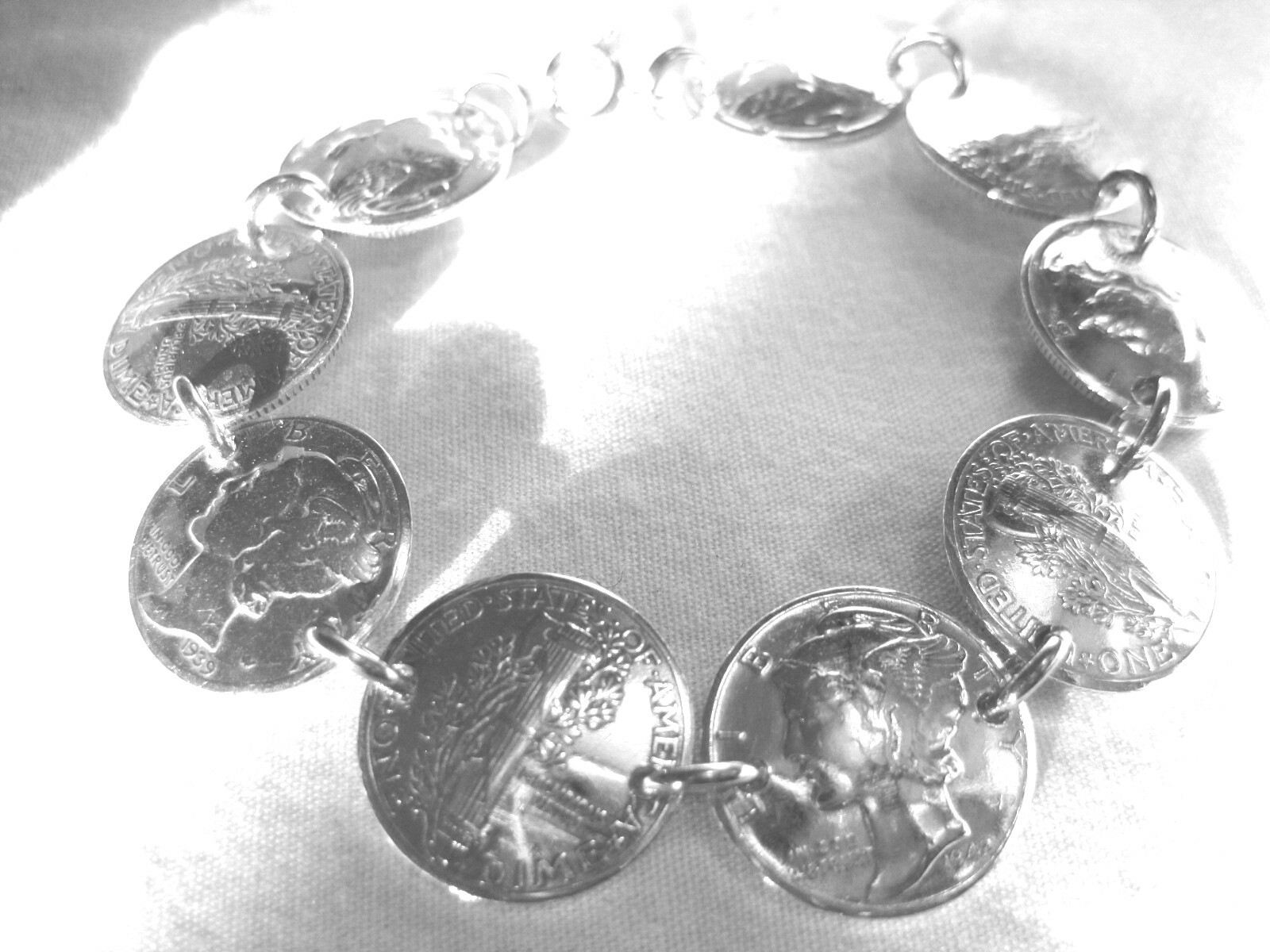 Antique Silver Mercury Dime bracelet, drilled side-by-side-free shipping!