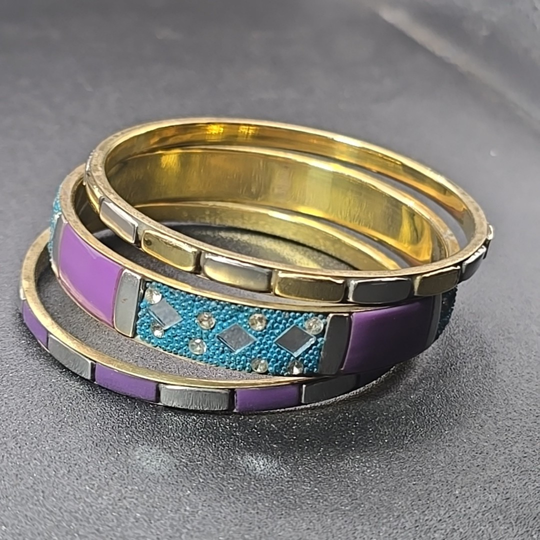 3 India Bangle Bracelet Silver Gold Purple Blue Mirror 2.5″ Diameter Antika New