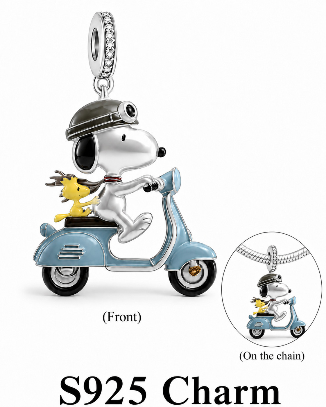 S925 Sterling Silver Snoopys Dog Riding Scooter Pendant Charm Necklace simulated