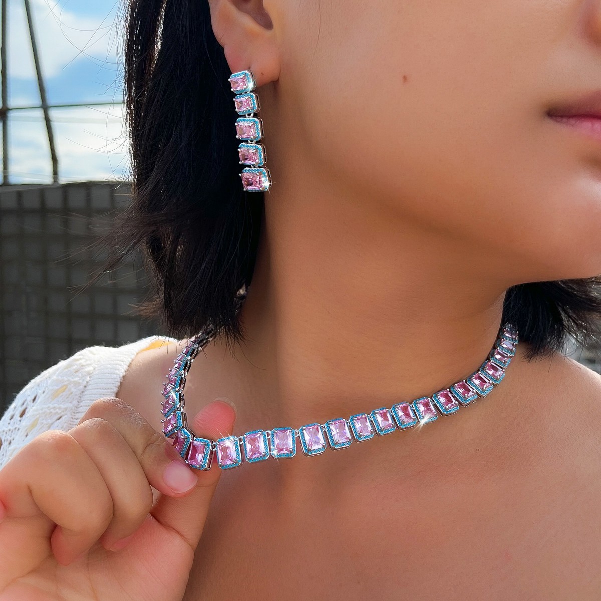 Silver Plated Long Rectangle Drop Earrings Necklace Zircon Turquoise Jewelry Set
