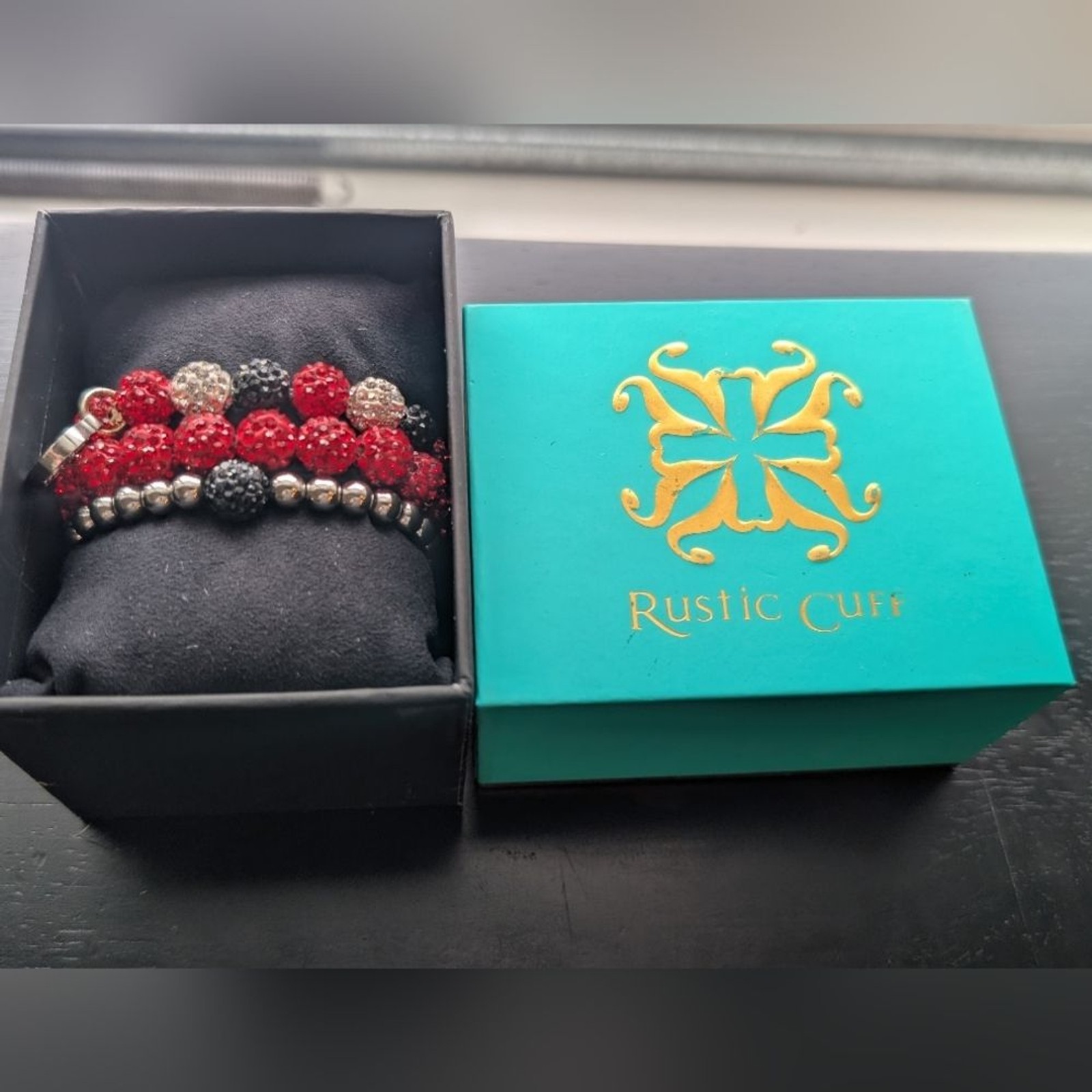 Rustic Cuff Red, Black, and Silver Beaded Bracelets Set Of 3 With Box