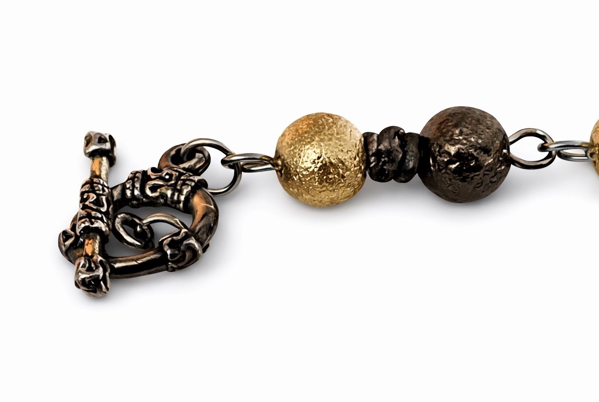 Gold Tone Black Beaded Statement Necklace Textured Ball Toggle Clasp Jewelry