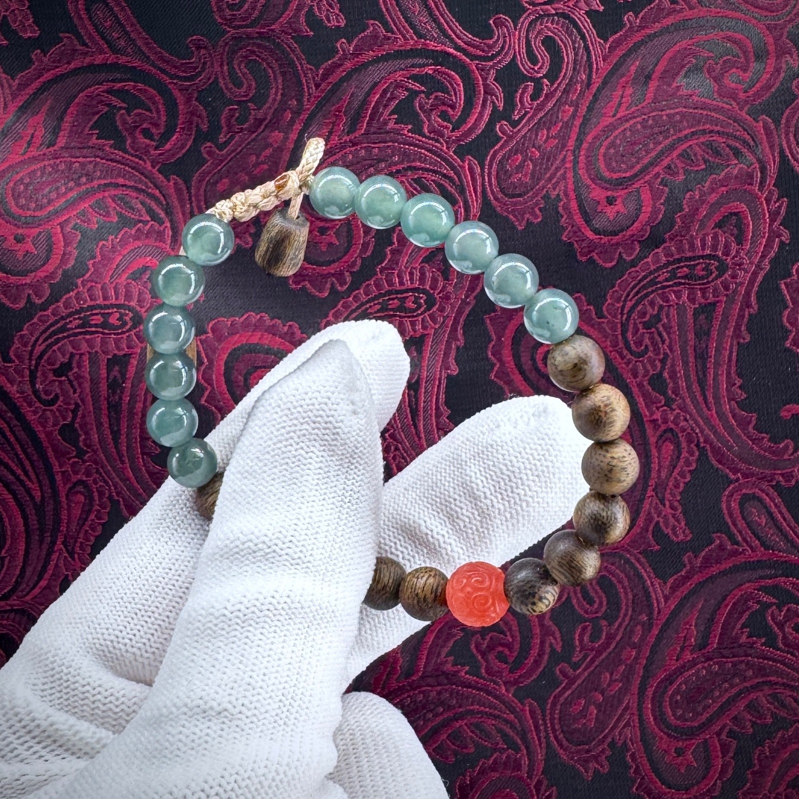 Aromatic Bracelet w Blue Guatemalan Jade Agarwood Nanhong South Red Agate 26M005