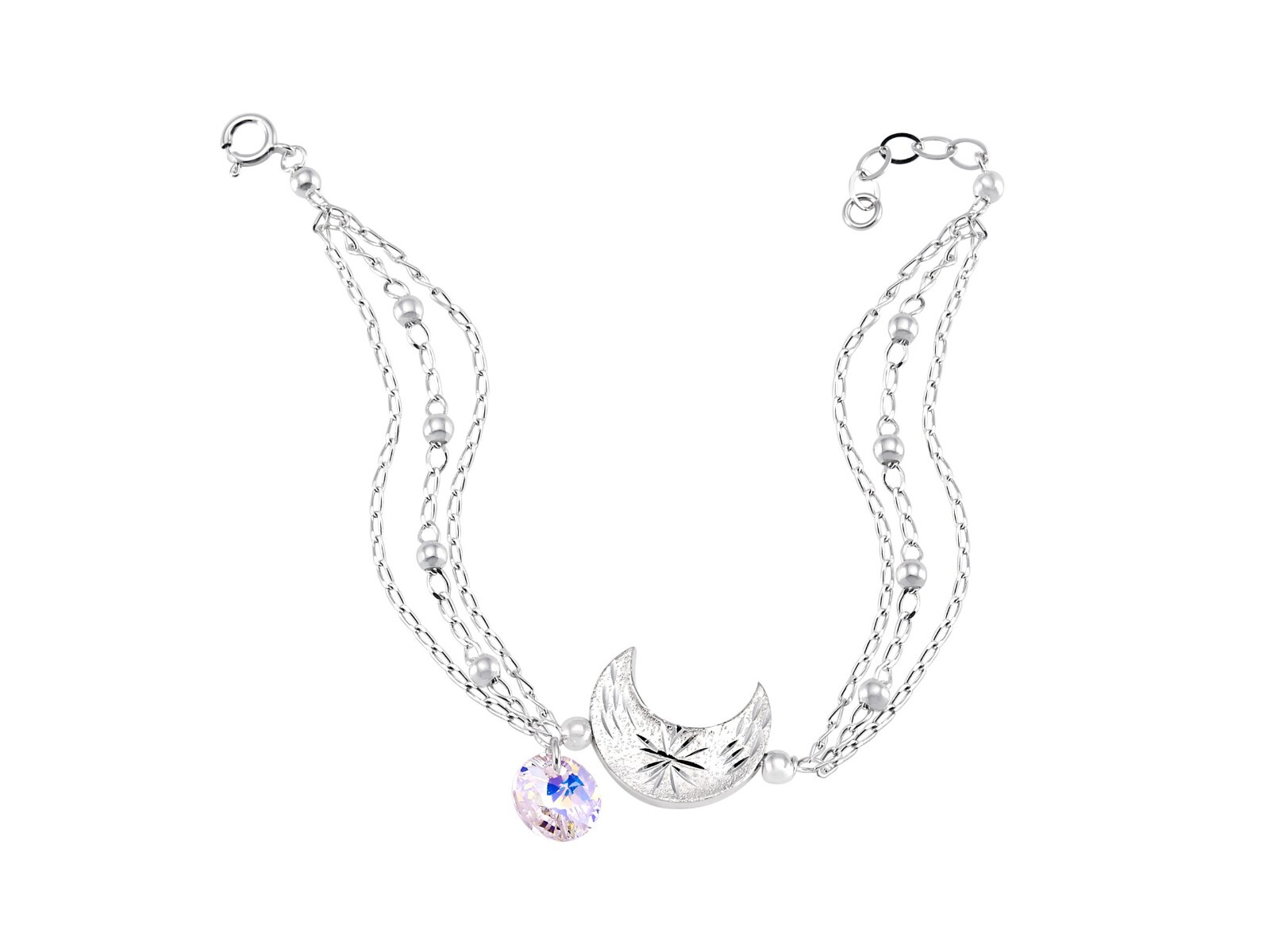Pulsera Triple Cadena Luna y Zirconia Blanca 19.5 cm PLATA