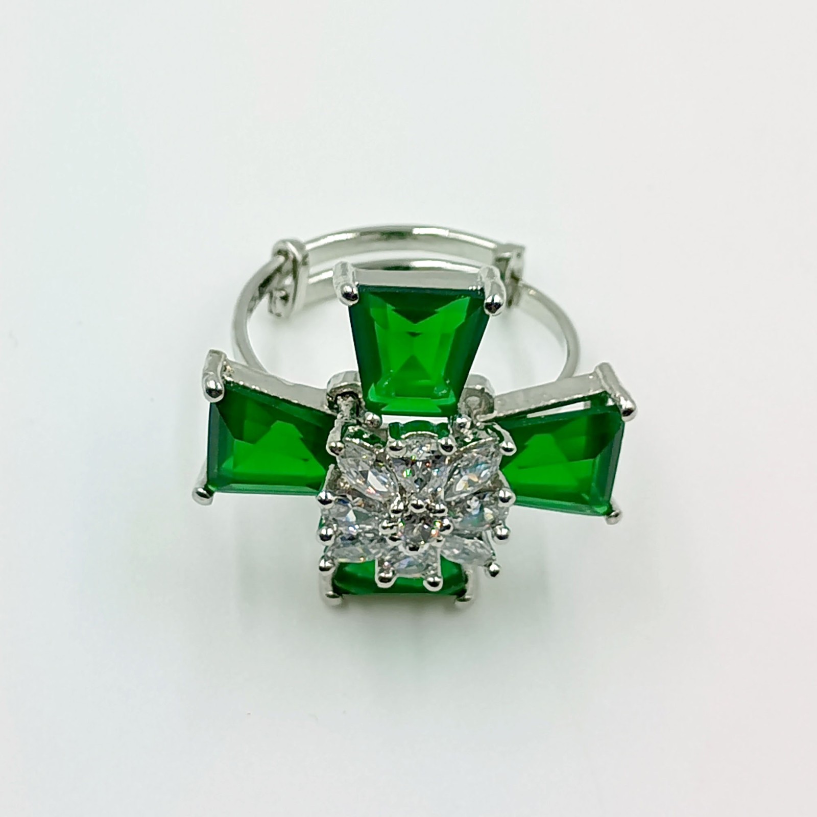 Elegant Green Stone Cross Ring White Plated Cubic Zirconia Adjustable Band Gift