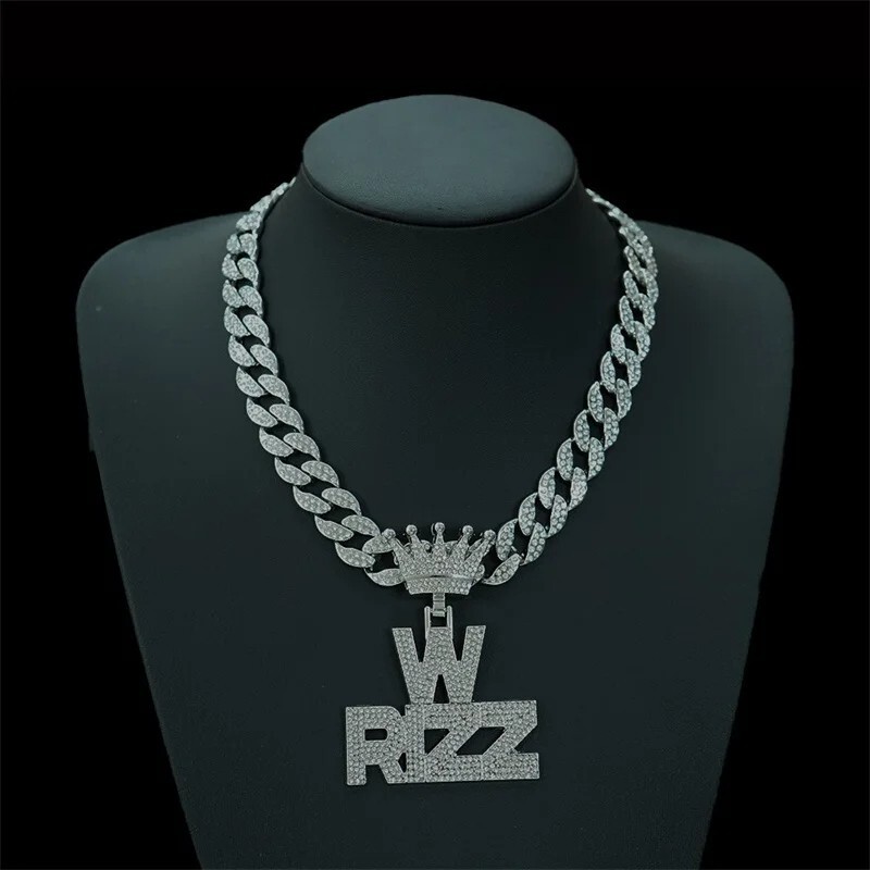 Iced W Rizz Crown Pendant Necklace CZ Bling Hip Hop Miami Cuban Link Chain Mens