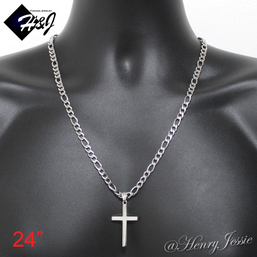 18-36″MEN Stainless Steel 4mm Silver Figaro Link Chain Necklace Cross Pendant*SP