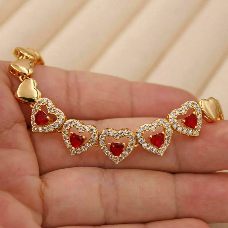 6 Ct Heart Cut Simulated Ruby Pretty Tennis Bracelet 925 Yellow Sterling Silver