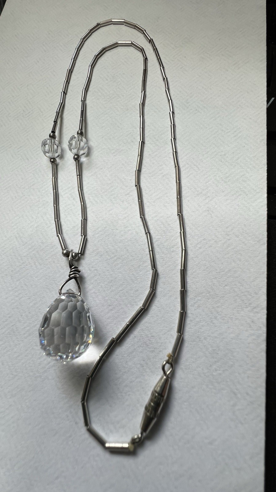 Vintage 925 Silver Bar Link Necklace Crystal Teardrop Charm Pendant Barrel Clasp