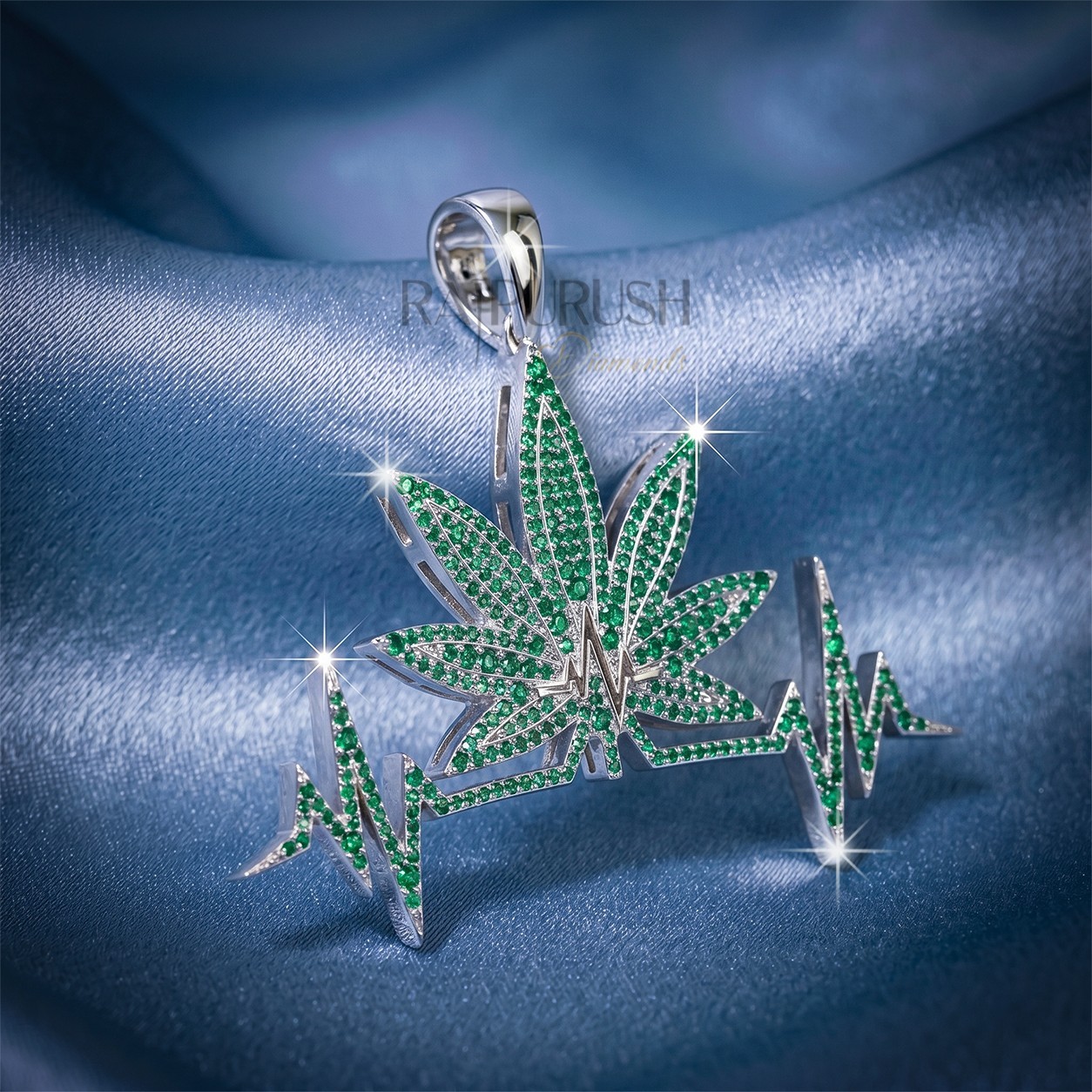 Heartbeat Leaf Pendant – Green Emerald Round Diamond in 925 Sterling Silver