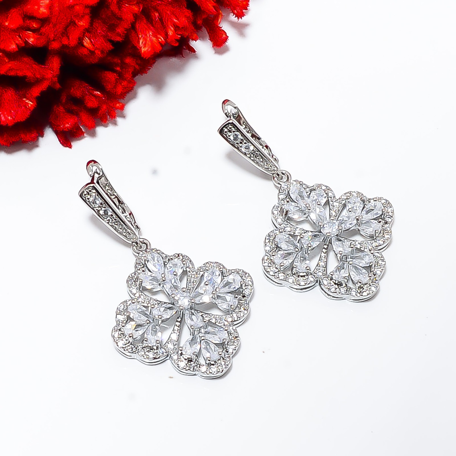 White Topaz & Cz 925 Sterling Silver Floral Long Danglers Earring 1.85″ E149714