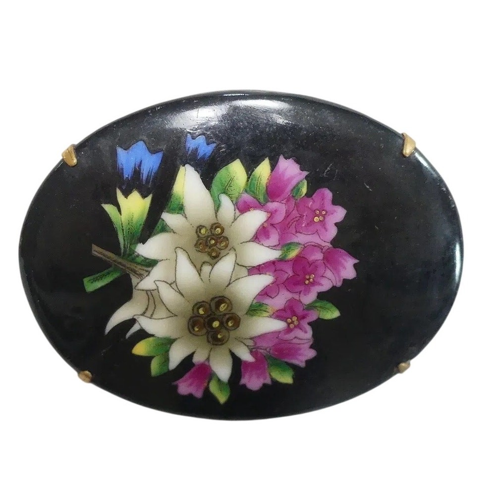 Vintage Hand Painted Flower Brooch – MCM Oval Floral Pin – Botanical Jewelry