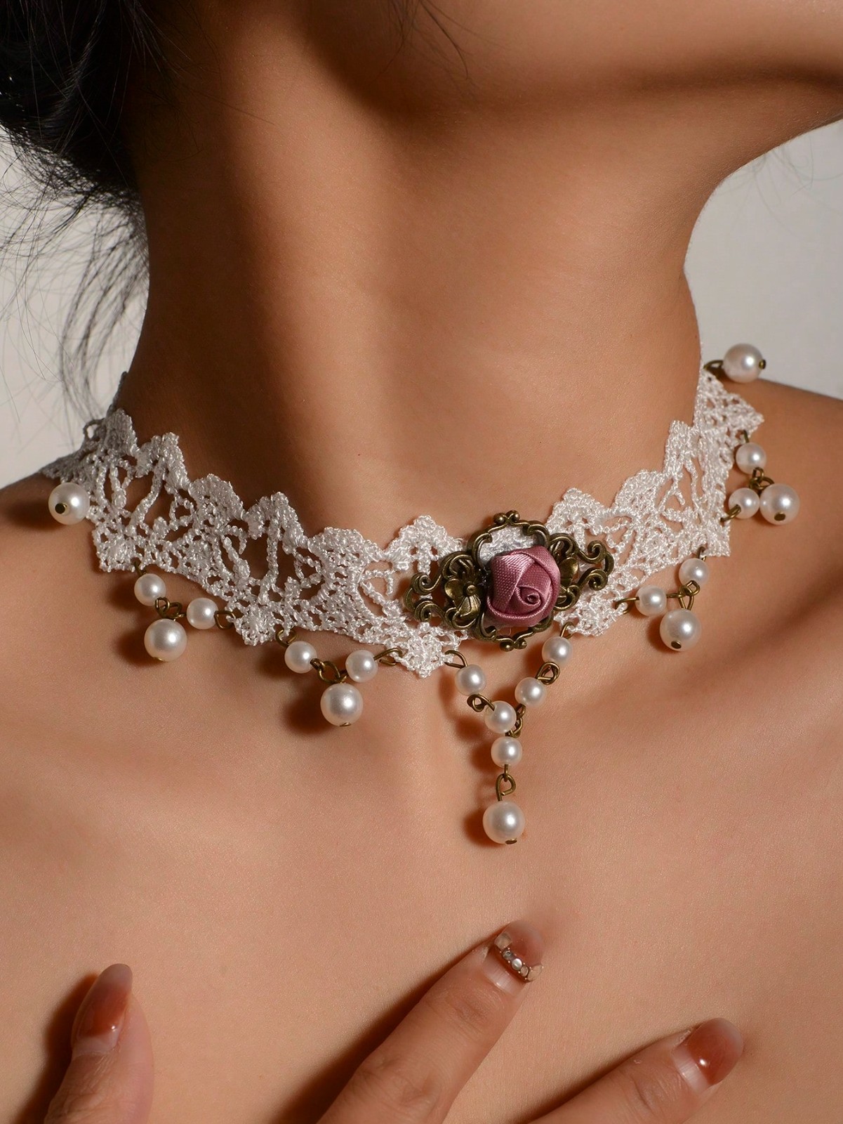 Vintage Lace Choker Necklace Pearl Pendant Victorian Gothic Bridal
