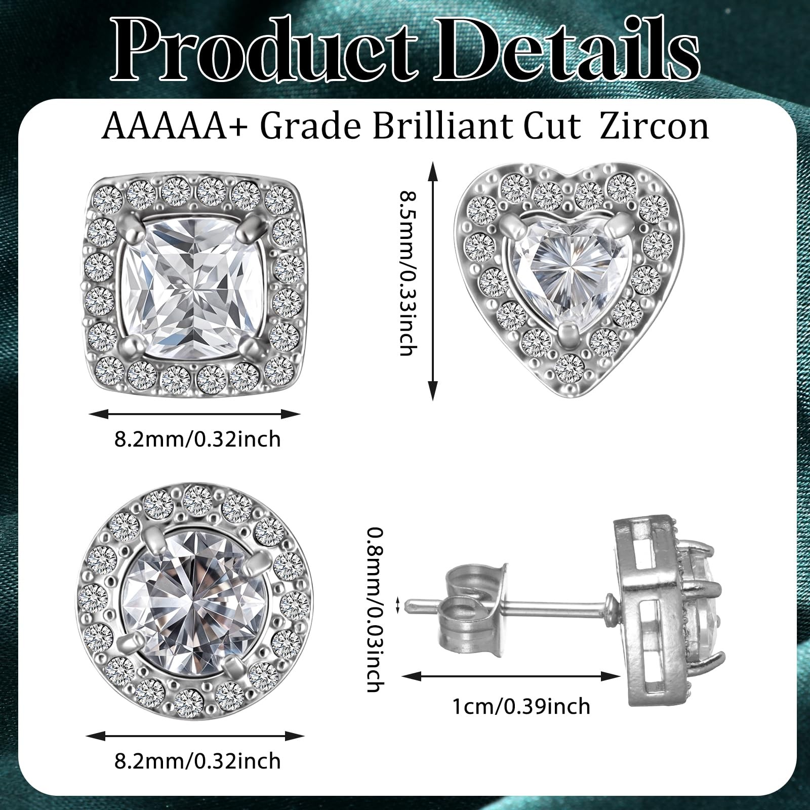 3 Pairs Silver Studs Earrings Set, Heart Round Square Cubic Zirconia Studs, S…