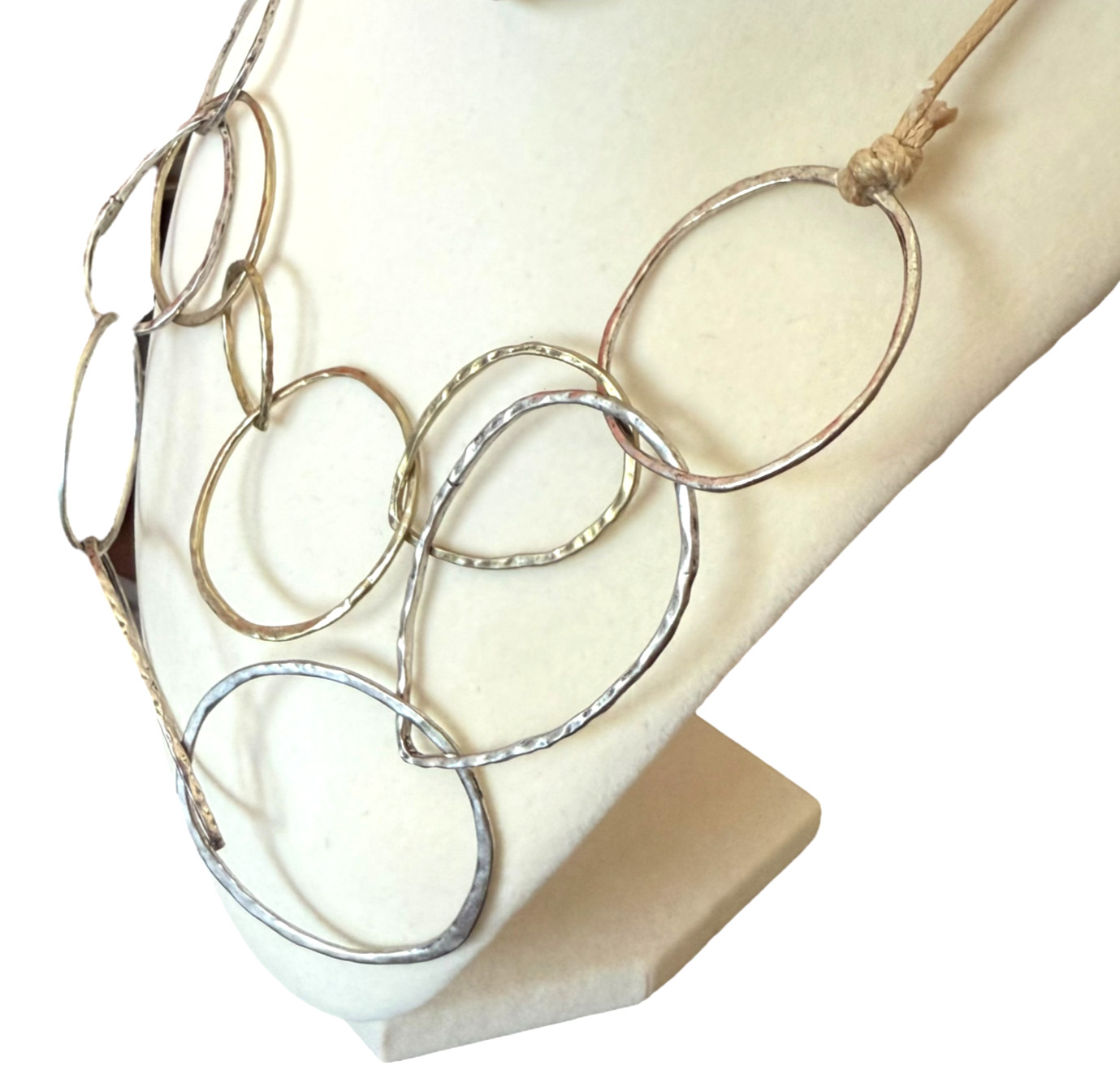 J. Jill Hammered Rings Necklace Mixed Metal Adjustable Cord Boho Artisan Coastal