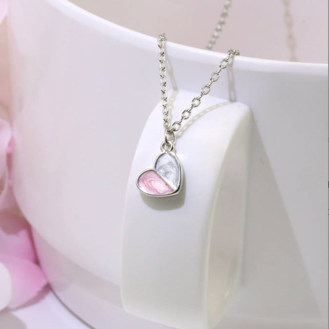 Silver Pink White Love Heart Pendant Chain Necklace