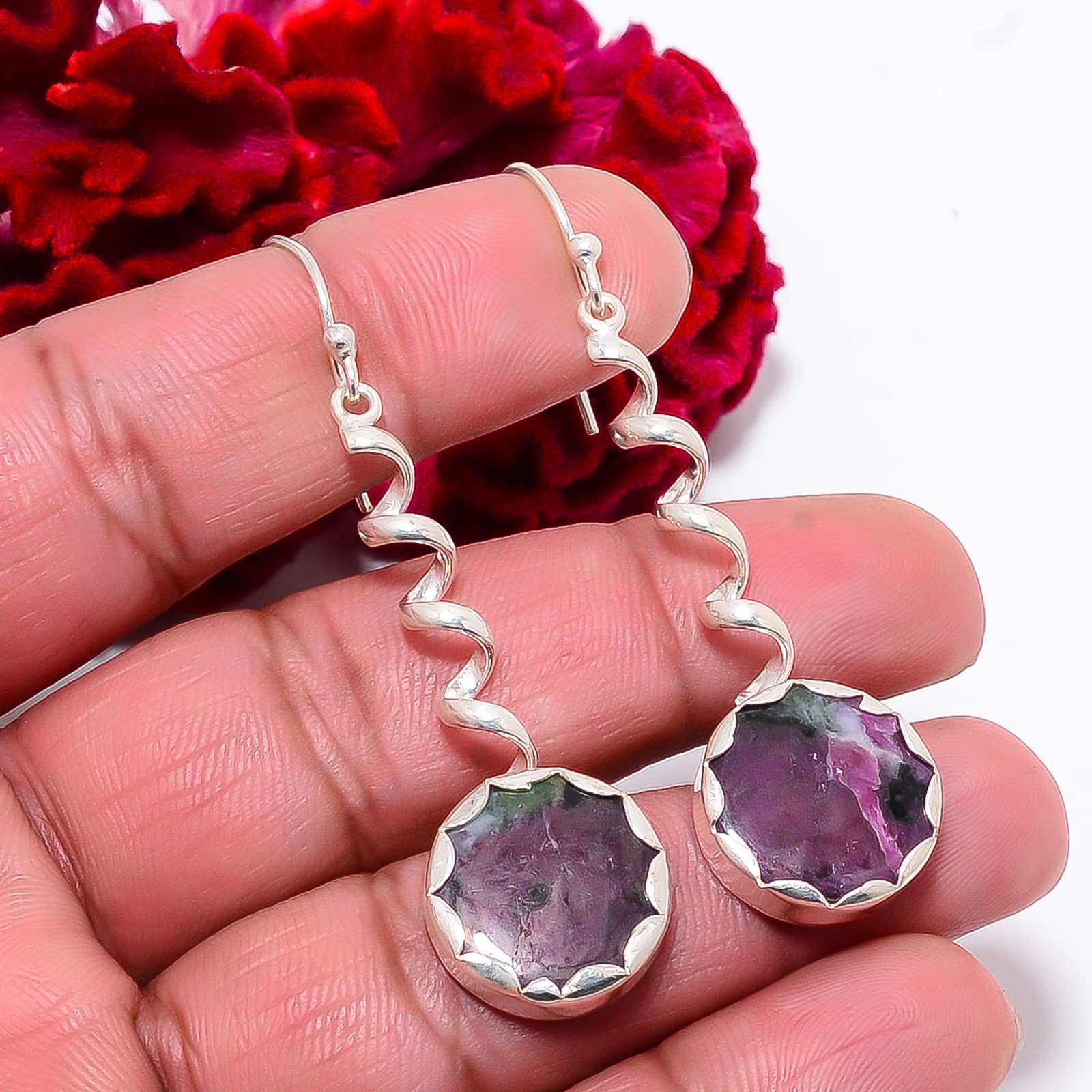Natural Ruby With Zoisite – Tanzania 925 Sterling Silver Earring 2.34″ E98524