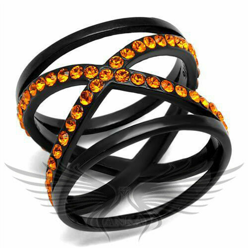 Orange Top Grade Crystal Accented Black Ip Fashion Ring 5 6 7 8 9 10 Tk2645
