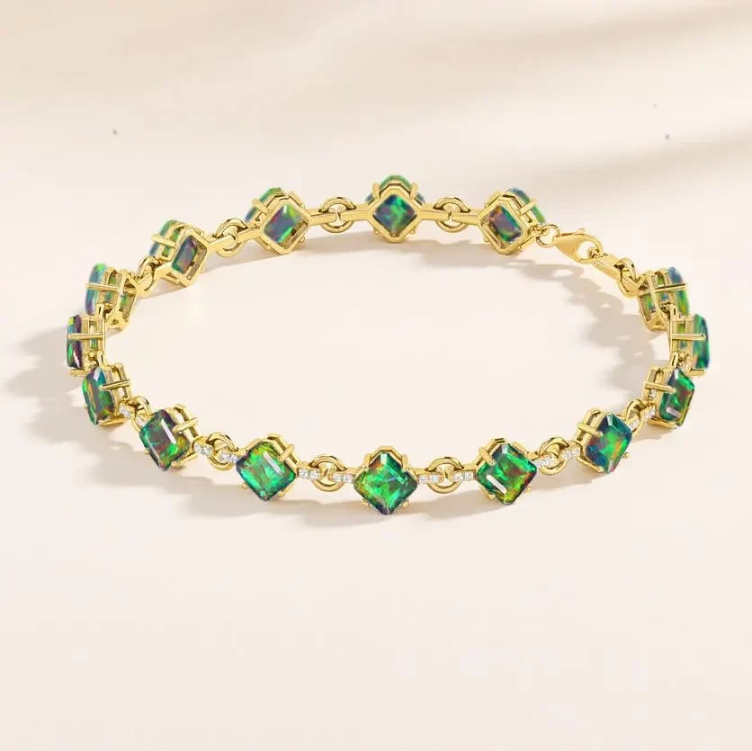 Fire Black Opal Octagon Gemstone Tennis Bracelet, Natural Opal Gemstone 925
