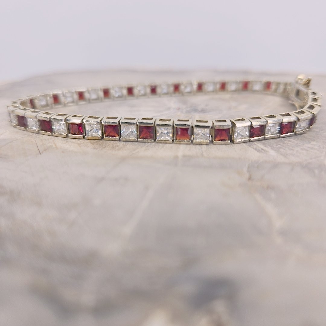 Ross Simons 7.5″ lab created Ruby CZ Tennis Bracelet Gold over Silver 925