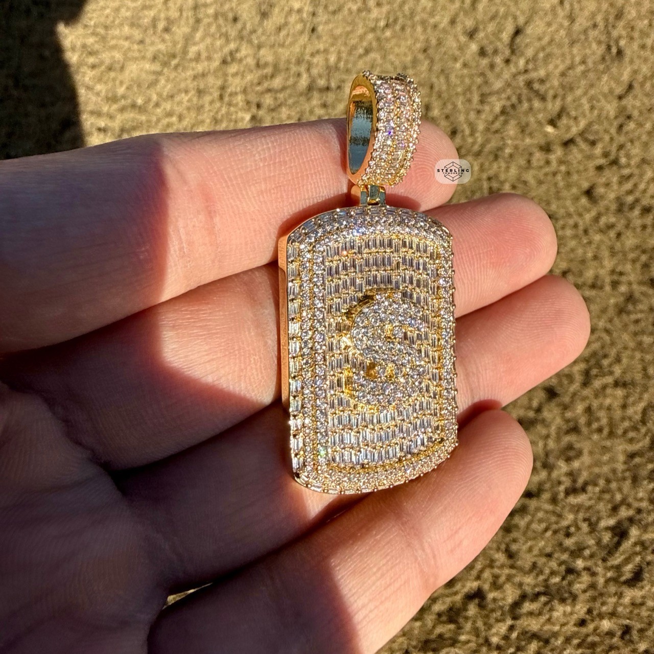 14k Gold Plated Iced Money Dog Tag Hip Hop Mens Pendant + Steel Rope Chain