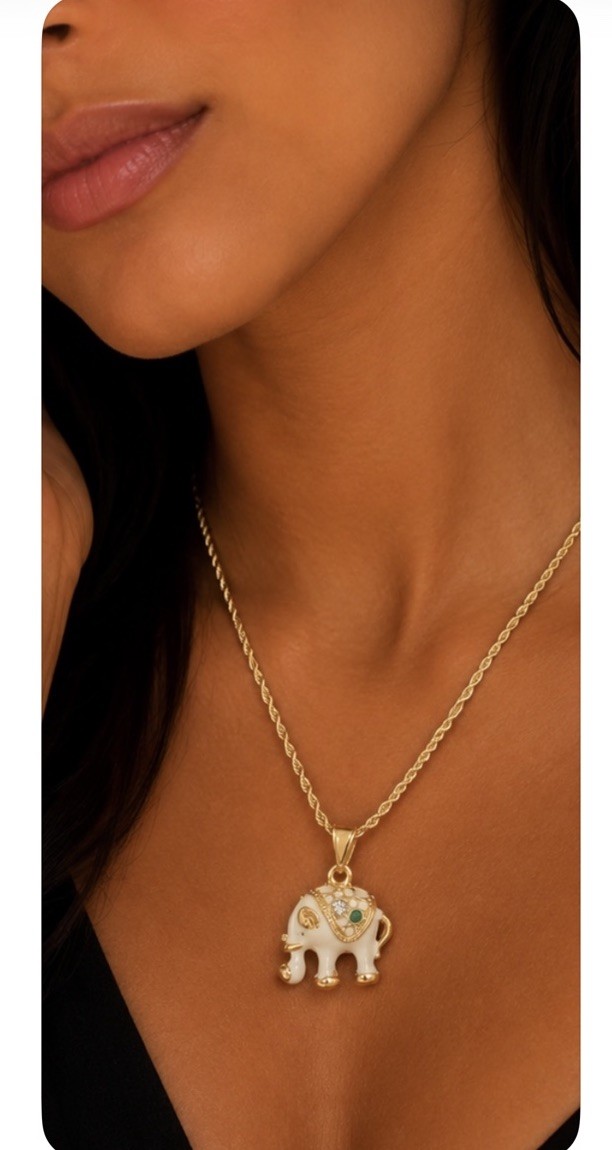 Gold Tone Rope Chain Necklace White Enamel Elephant Charm Clear Round CZ