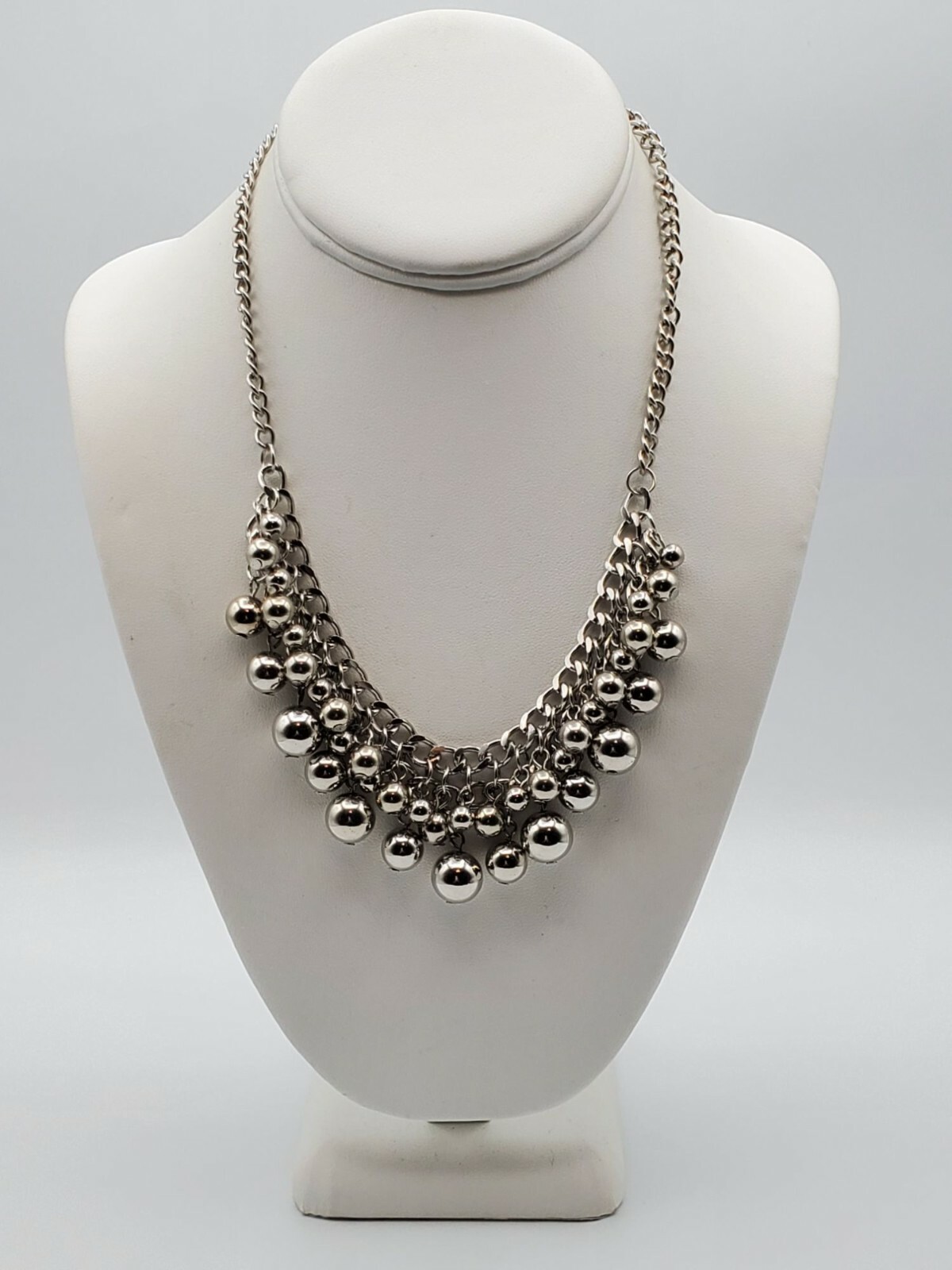 Silver tone dangle drop beaded chain bib necklace