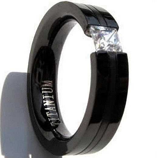 Black Plated TITANIUM TENSION Solitaire RING with 4mm CZ and ACCENT, size 7