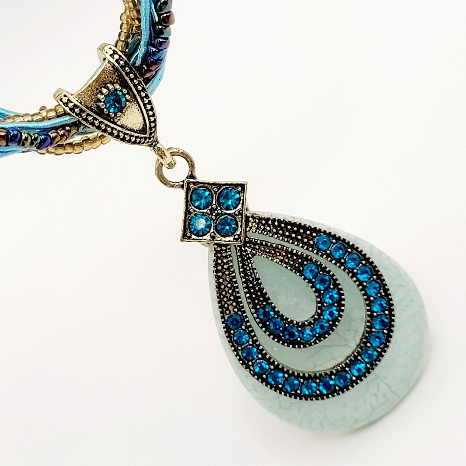 Modern Braided Multi Strand Peacock Colors Crystal Faux Stone Pendant Necklace
