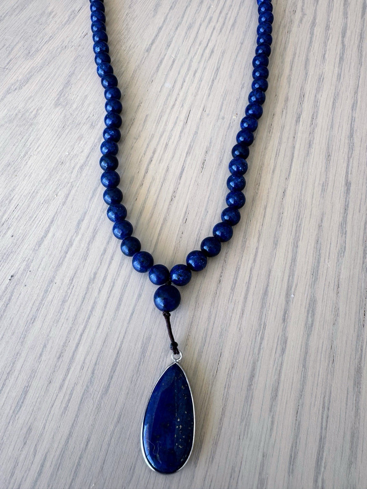 Blue Stone Beaded Necklace Ball/Bead Chain with Blue Teardrop Pendant