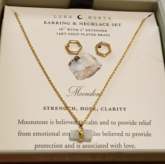 Luna Norte Necklace Stud Earrings Set Moonstone Pendant/Hexagon 14K Gold-Plated