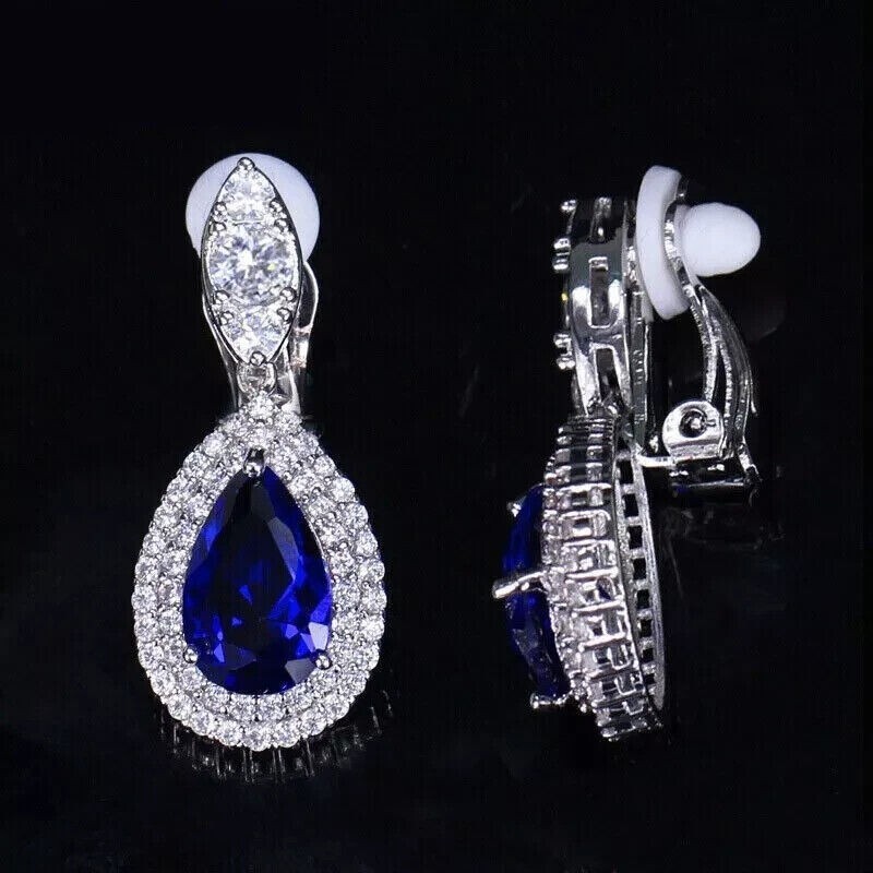 Pear Cut Simulated Blue Sapphire Women’s Drop Earrings In 14k White Gold Plated