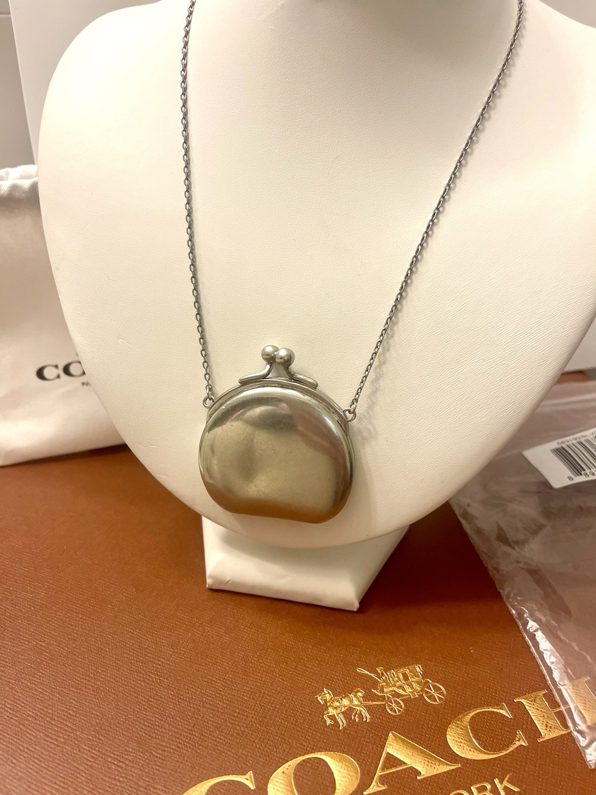 Coach Limited Edition Runway Antiqued Silver Kisslock Pendant Necklace NWT