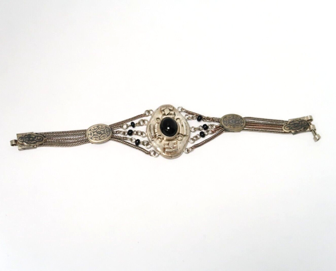 VINTAGE 900 STERLING SILVER ONYX BRACELET 6.5″