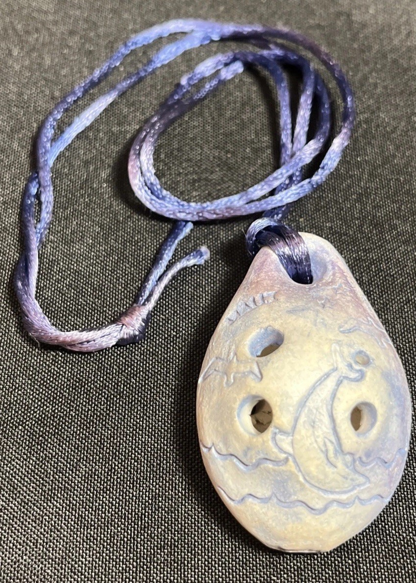 DOLPHIN Mermaid Whistle 7 Holes Pendant Ceramic Ocarina on Silk Cord