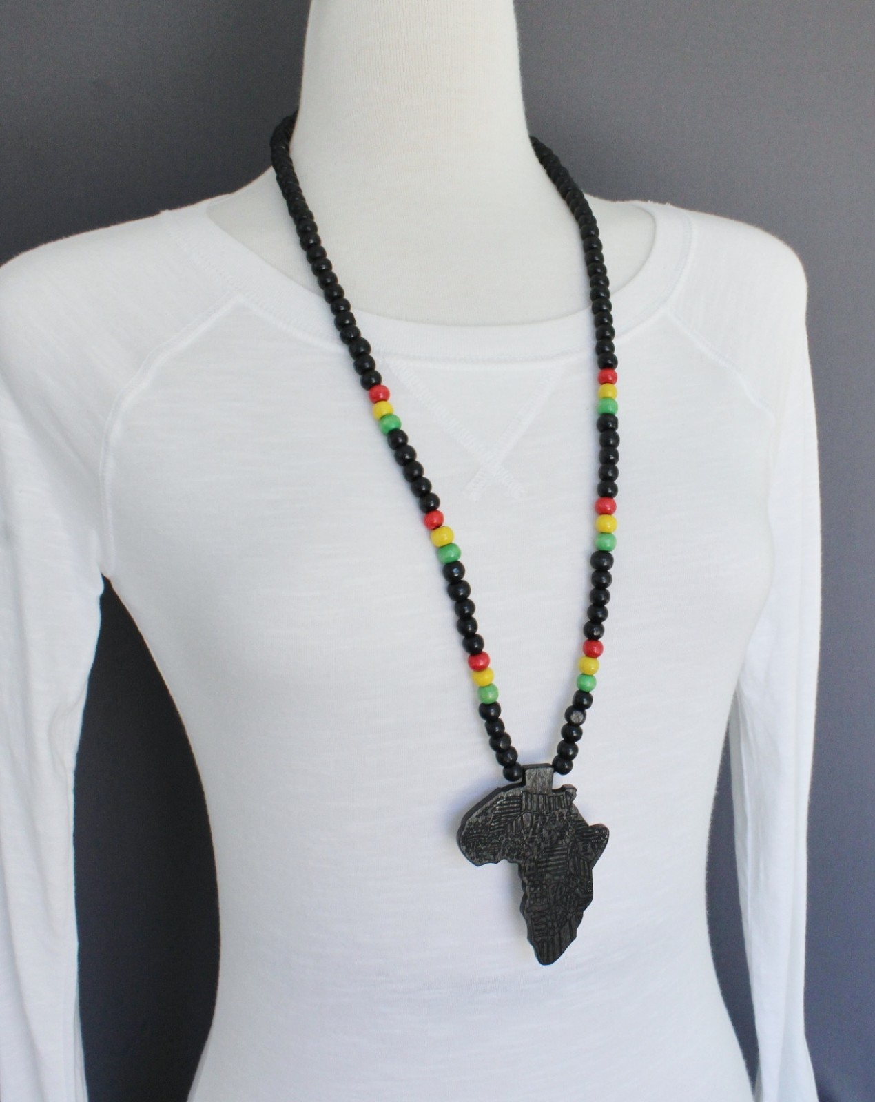 Black wooden africa pendant necklace beads chain african map continent wood long