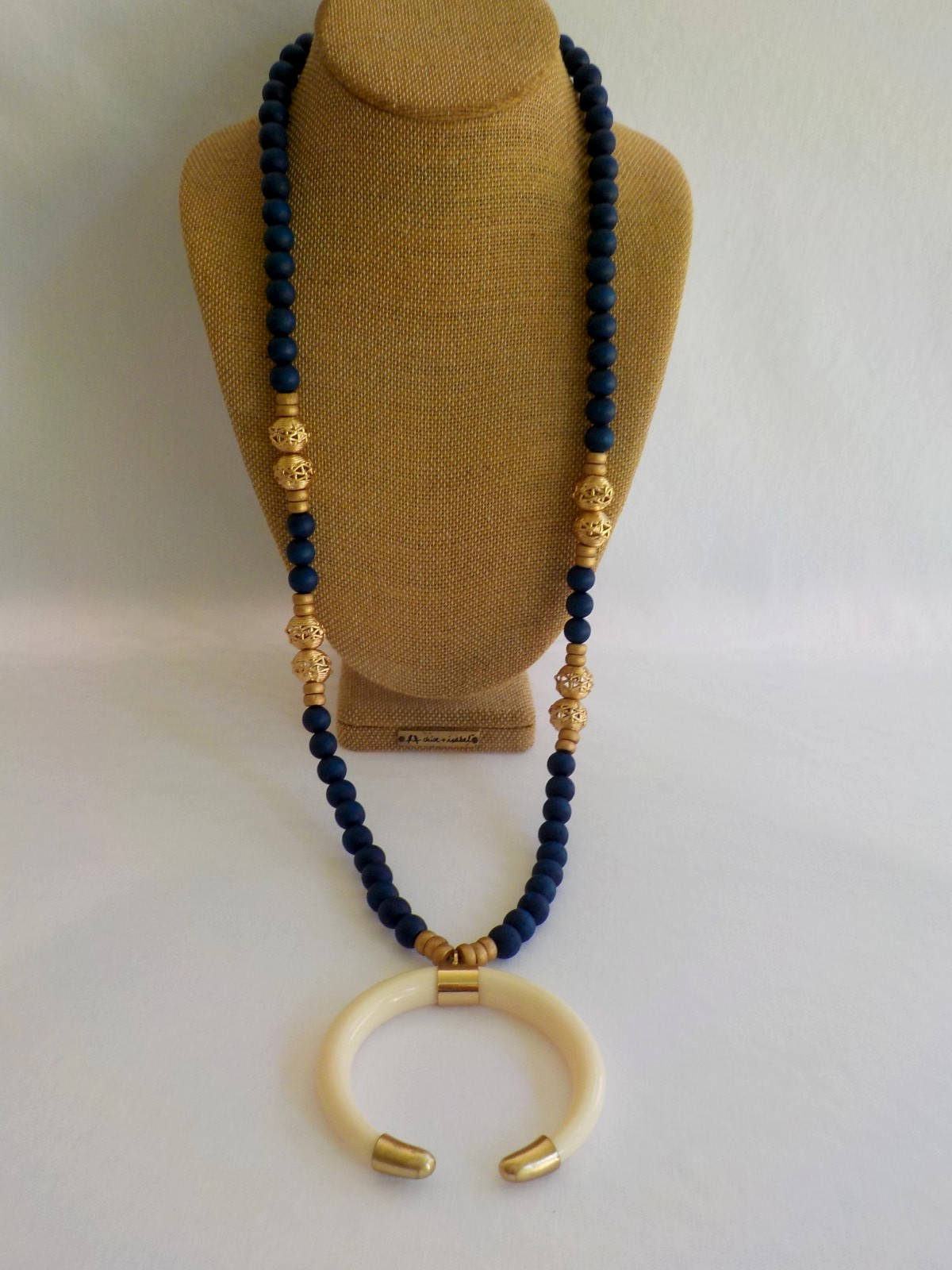 B Jour Horn Shape Pendant Necklace Gold Tone Metal Round Blue Wood Bead No Clasp