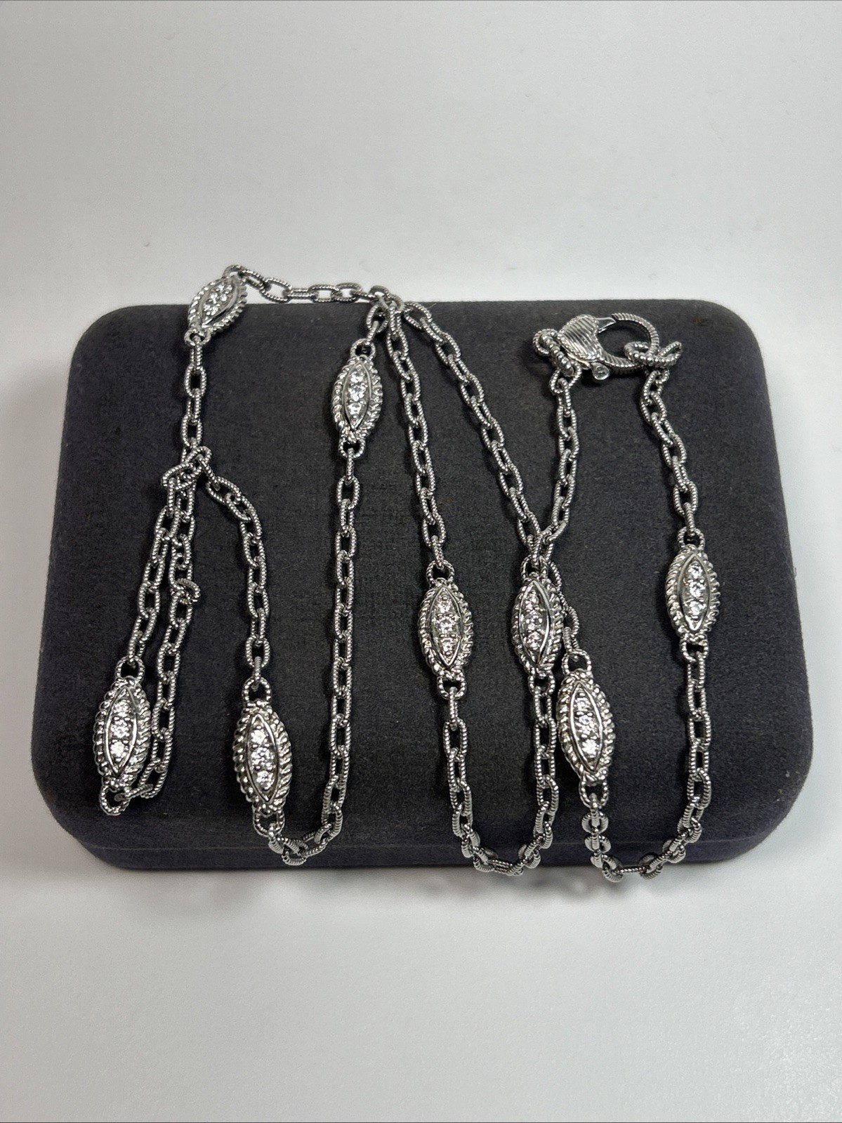 Judith Ripka Sterling Silver Textured Marquise Link CZ Station Necklace