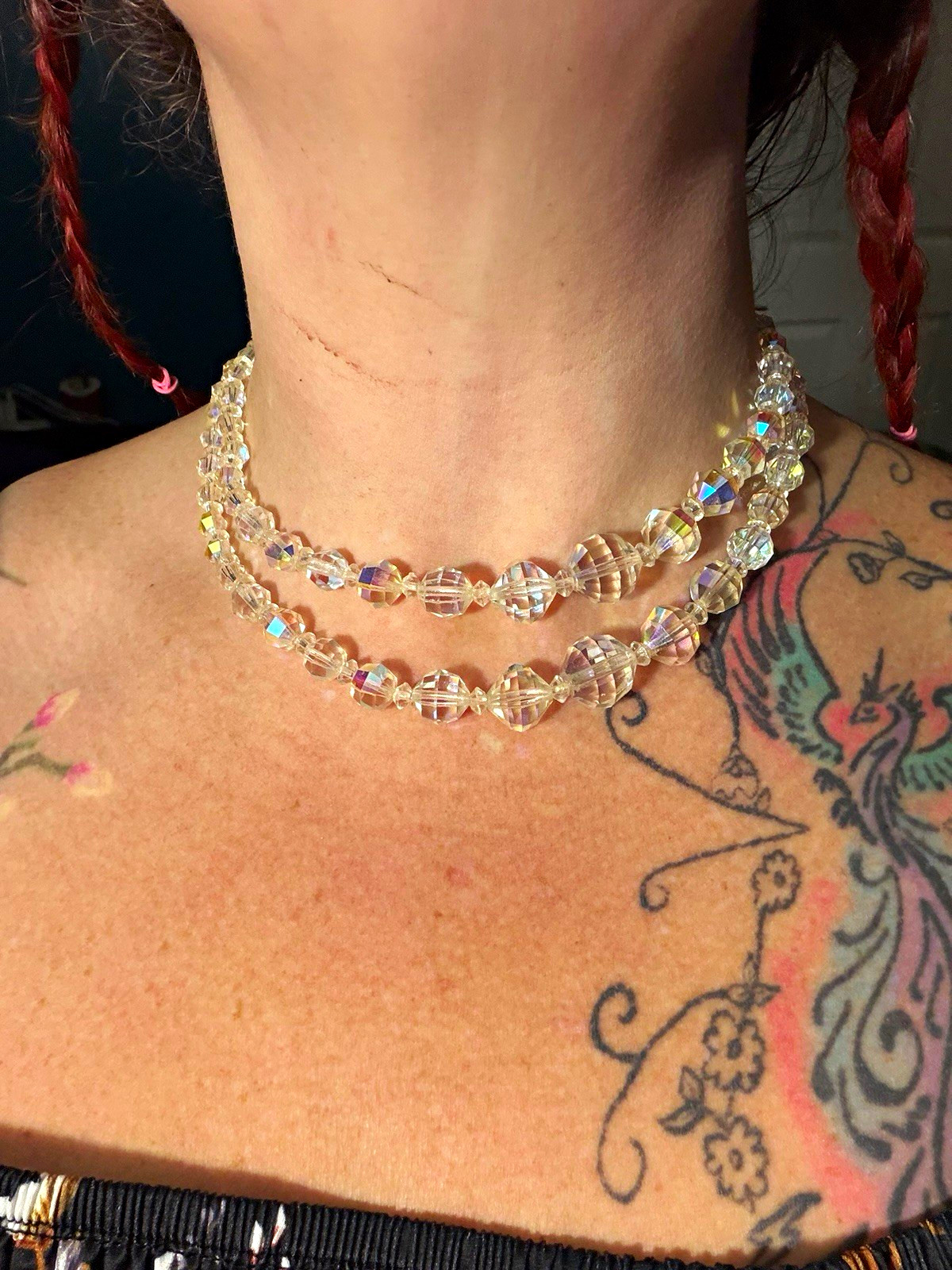 Vintage Double Strand Aurora Borealis Crystal Bead Necklace Gold Tone Clasp
