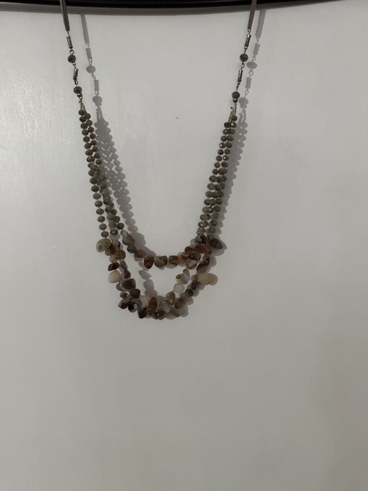 Layered Beaded Stone Necklace Gray Brown Beige Lobster Clasp Irregular Shape