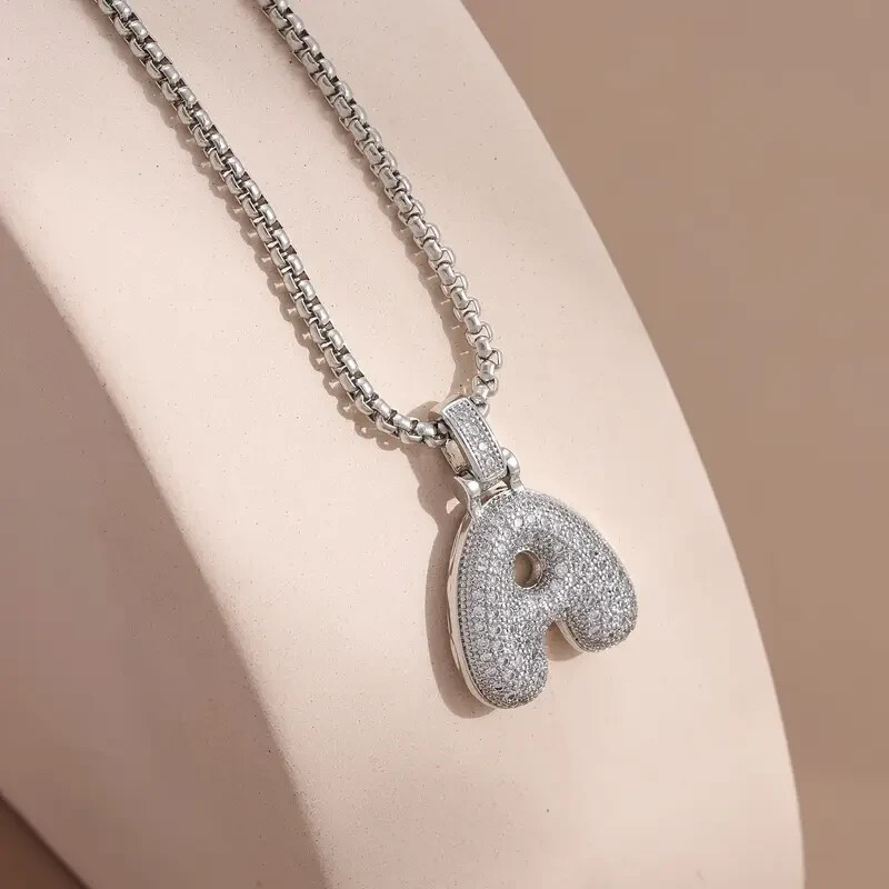AAA+ Brass Initial Alphabet CZ Pendant & 24″ Rolo Stainless Stee Chain Necklace