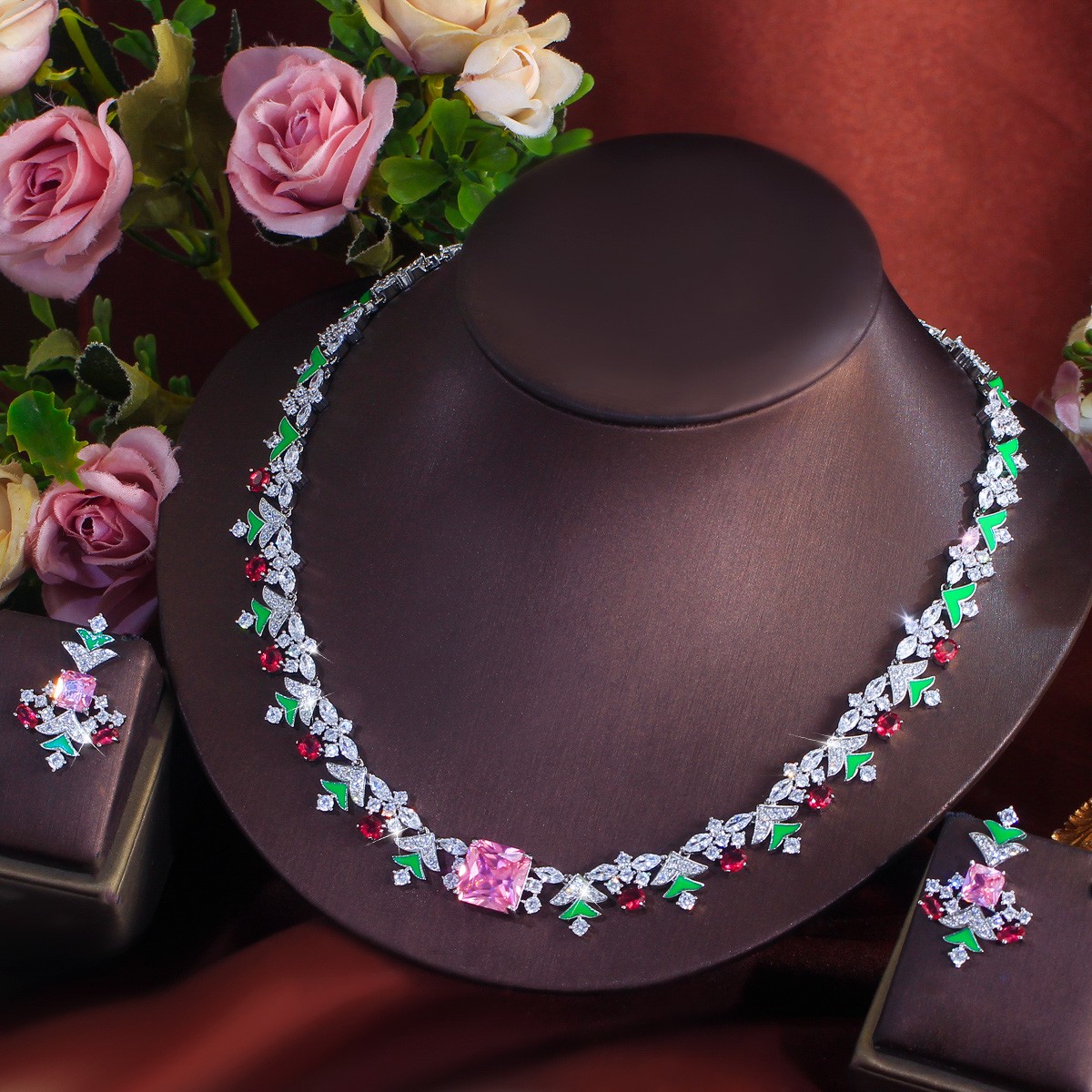Christmas Tree Drop Earrings and Necklace Silver Plated Zircon Party Jewelry Set