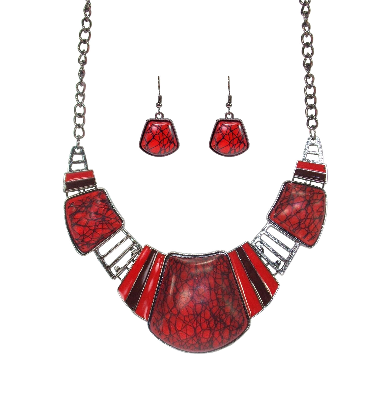 Red and black necklace and earring set, women’s large statement neck set New