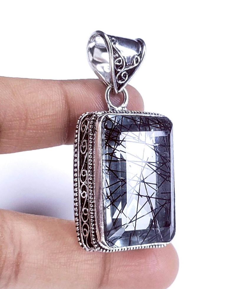Black Rutialted Quartz Gemstone Handmade 925 Sterling Silver Jewelry Pendant 2″