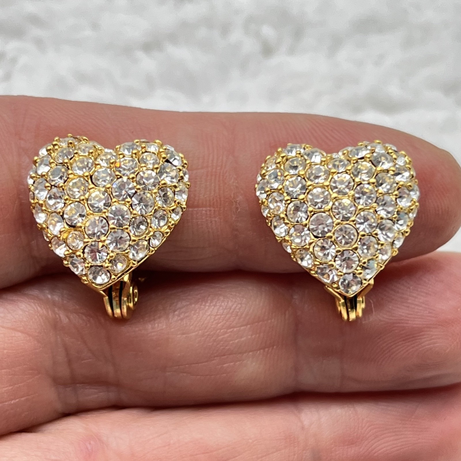 Puffy Heart Earrings Rhinestone Clip Ons Nice Quality .75″