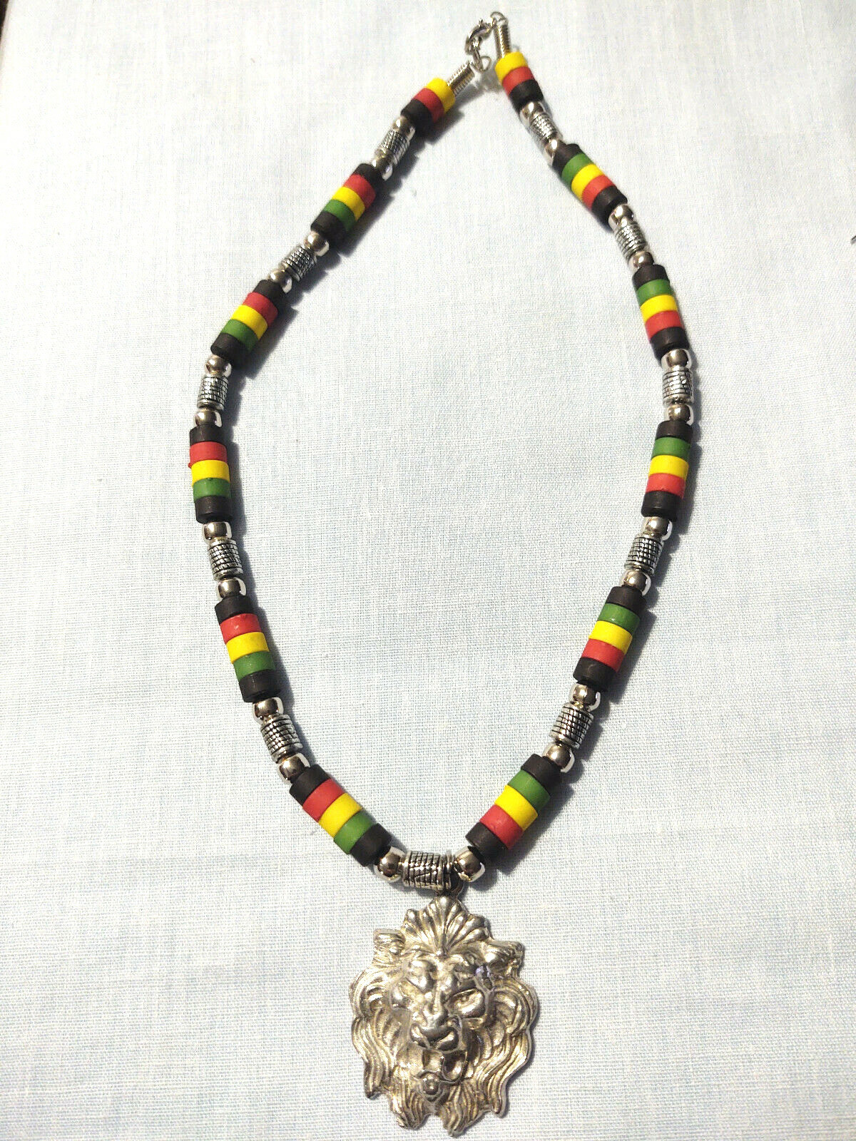 Male Lion Head Lion Of Judah Cast Pewter Pendant on 17″ Rasta Beaded Necklace