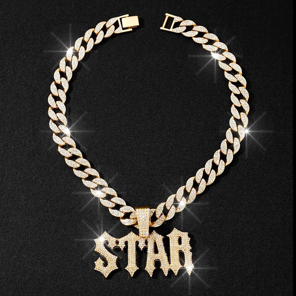 Hip Hop Iced STAR Pendant Necklace 13mm Miami Cuban Chain CZ Fashion Jewelry NEW