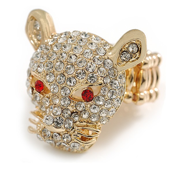 Clear Crystal Leopard Stretch Ring In Gold Plating – 30mm Long – 7/8 Size