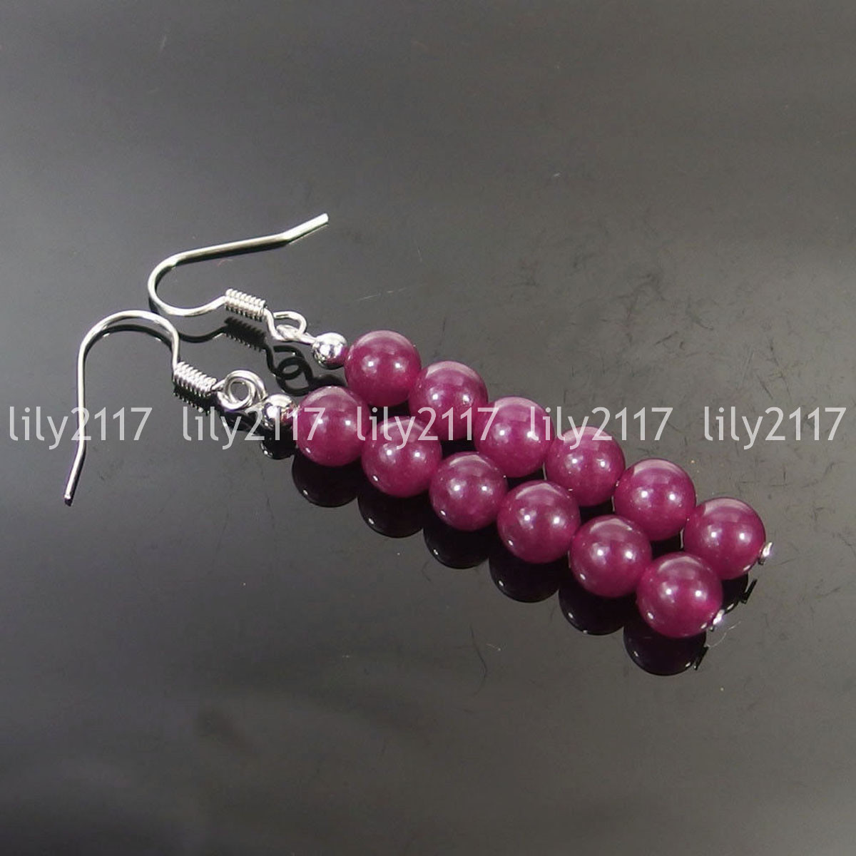 Natural 6-10mm assorted Jade Gemstone Round beads 925 Silver Hook Dangle Earring