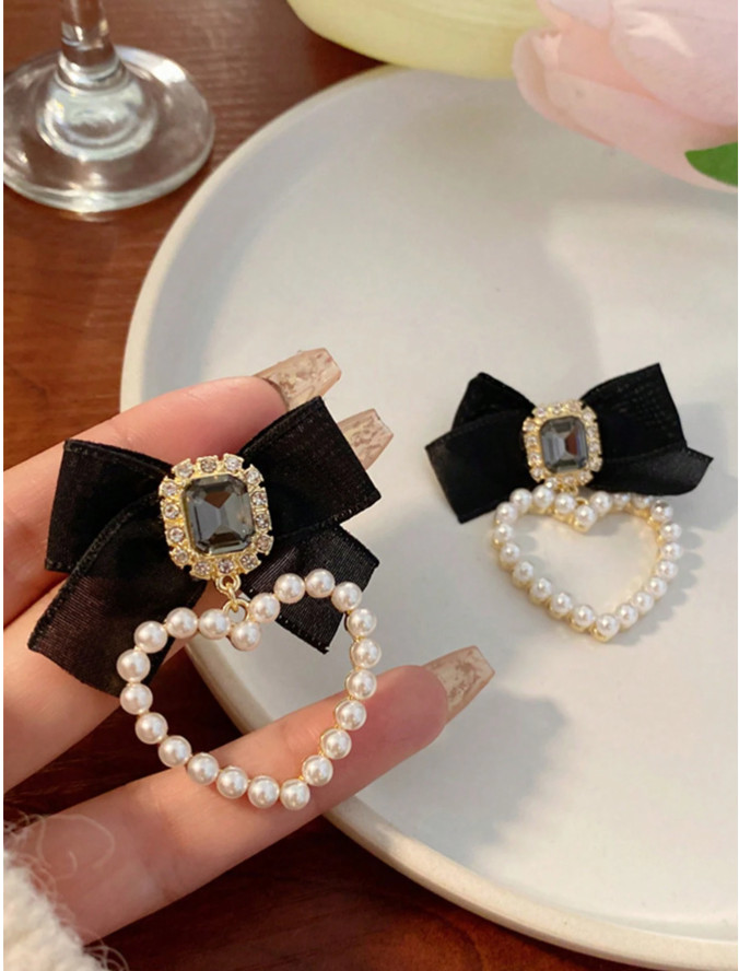 Pearl Heart Bow Earrings for Women Sweet Cute Mesh Stud Fashion Jewelry